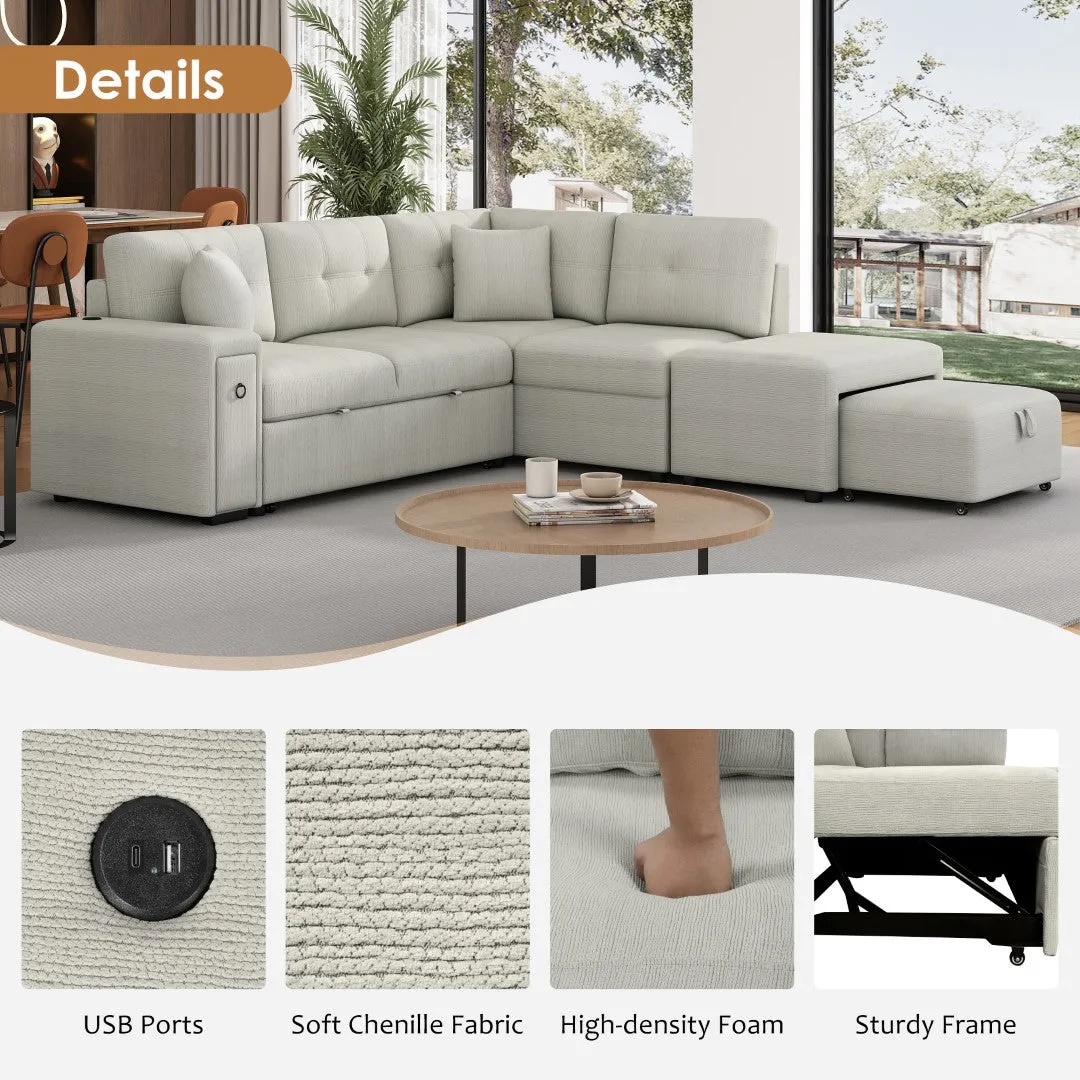 86.6" L-Shaped Sectional Sofa with Pull-Out Bed, Ottoman, 2 USB Ports, 2 Cup Holders, Gray