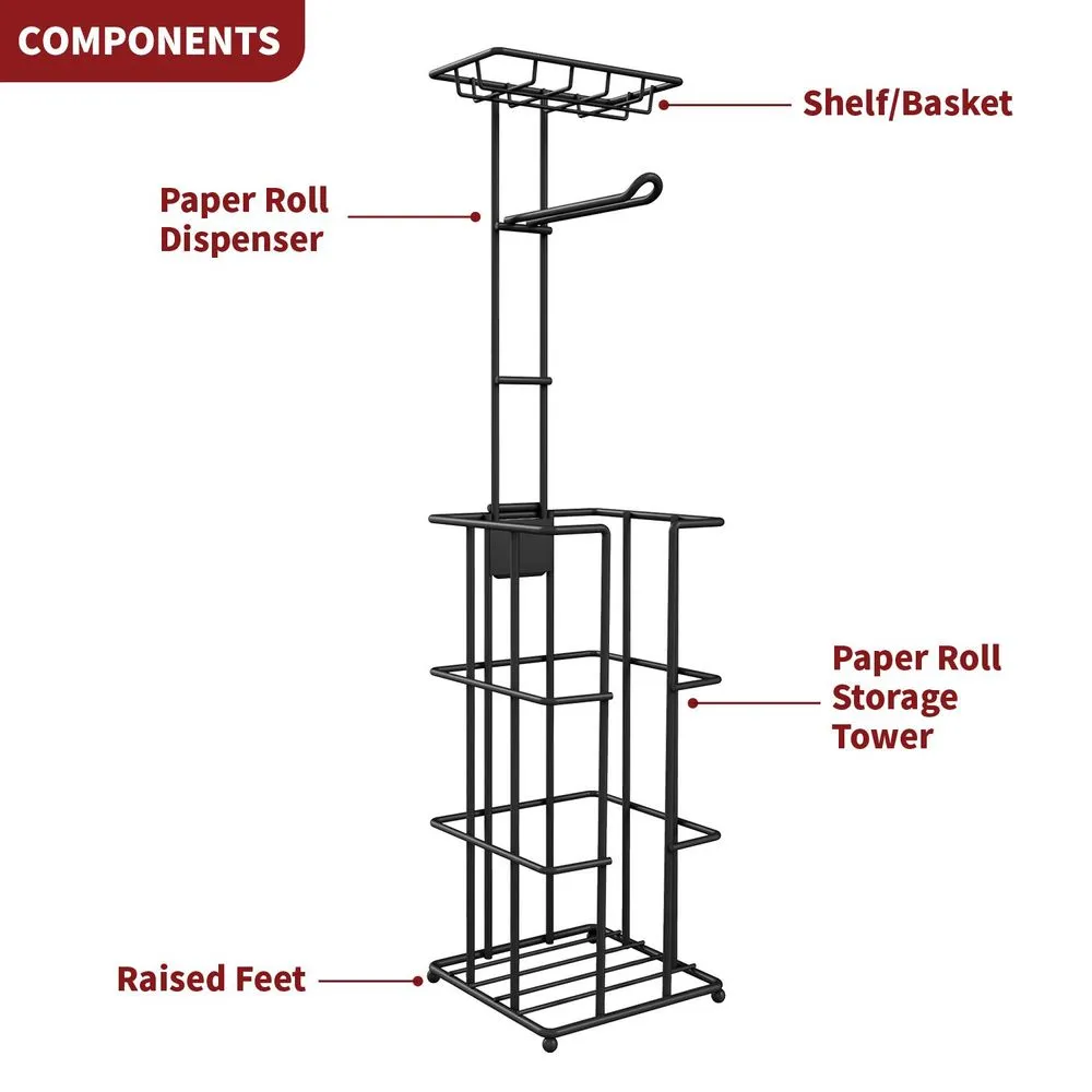 Black Toilet Paper Holder with Shelf - Metal Design