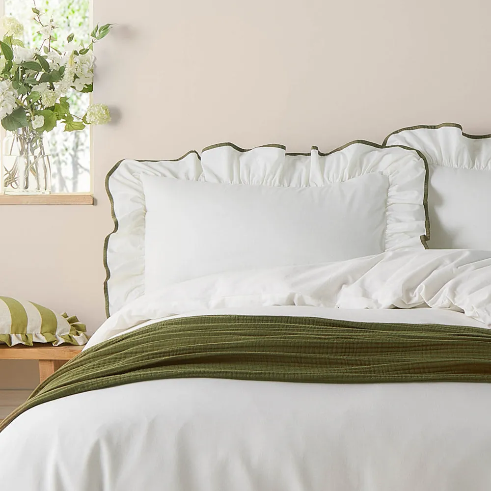 Blousey Ruffled Cotton Pillowcase Pair Olive