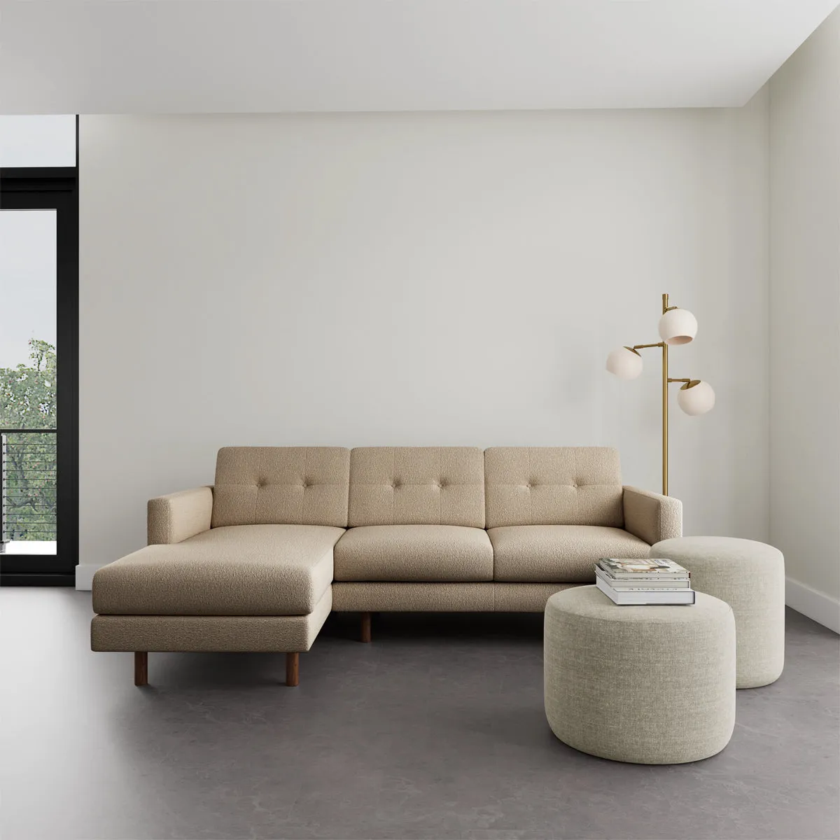 Conrad Boucle Left Chaise Sofa (Walnut Natural, Sand Dune)