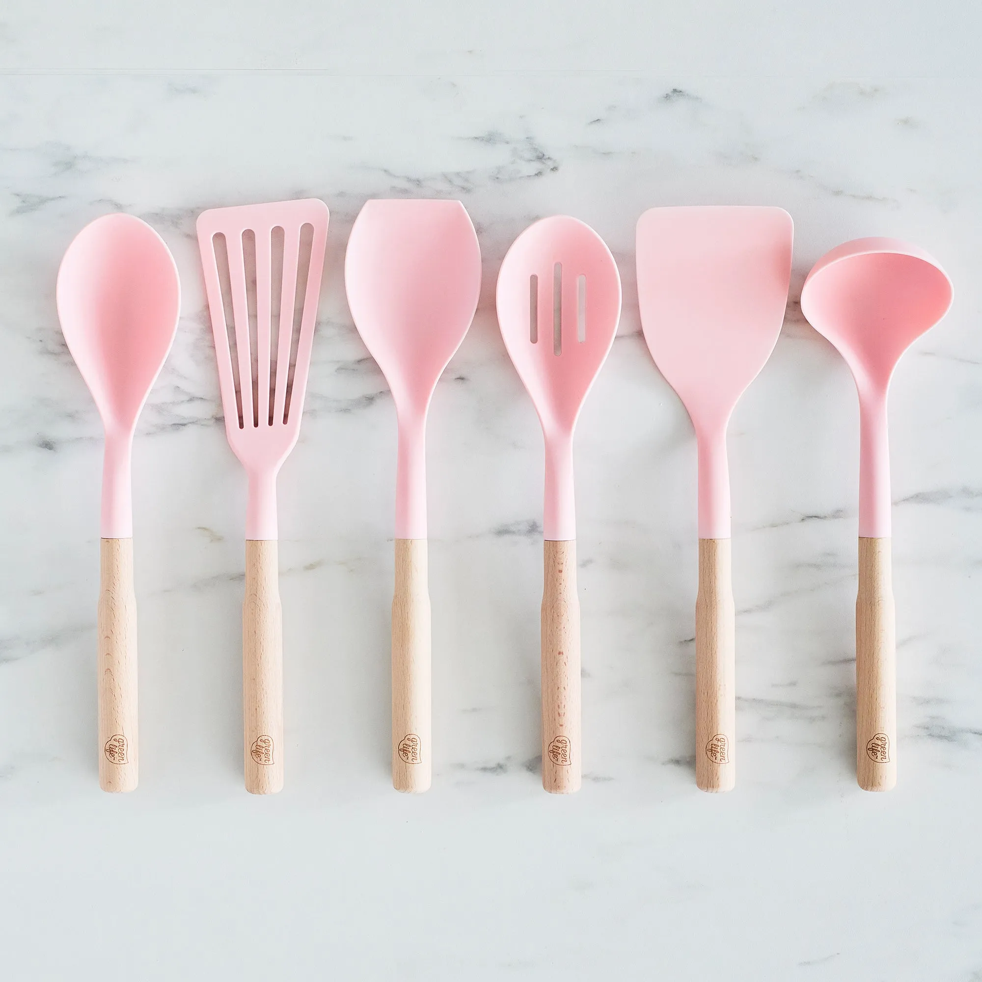 GreenLife Nylon & Wood Cooking Utensils with Ceramic Crock, 7-Piece Set | Pink
