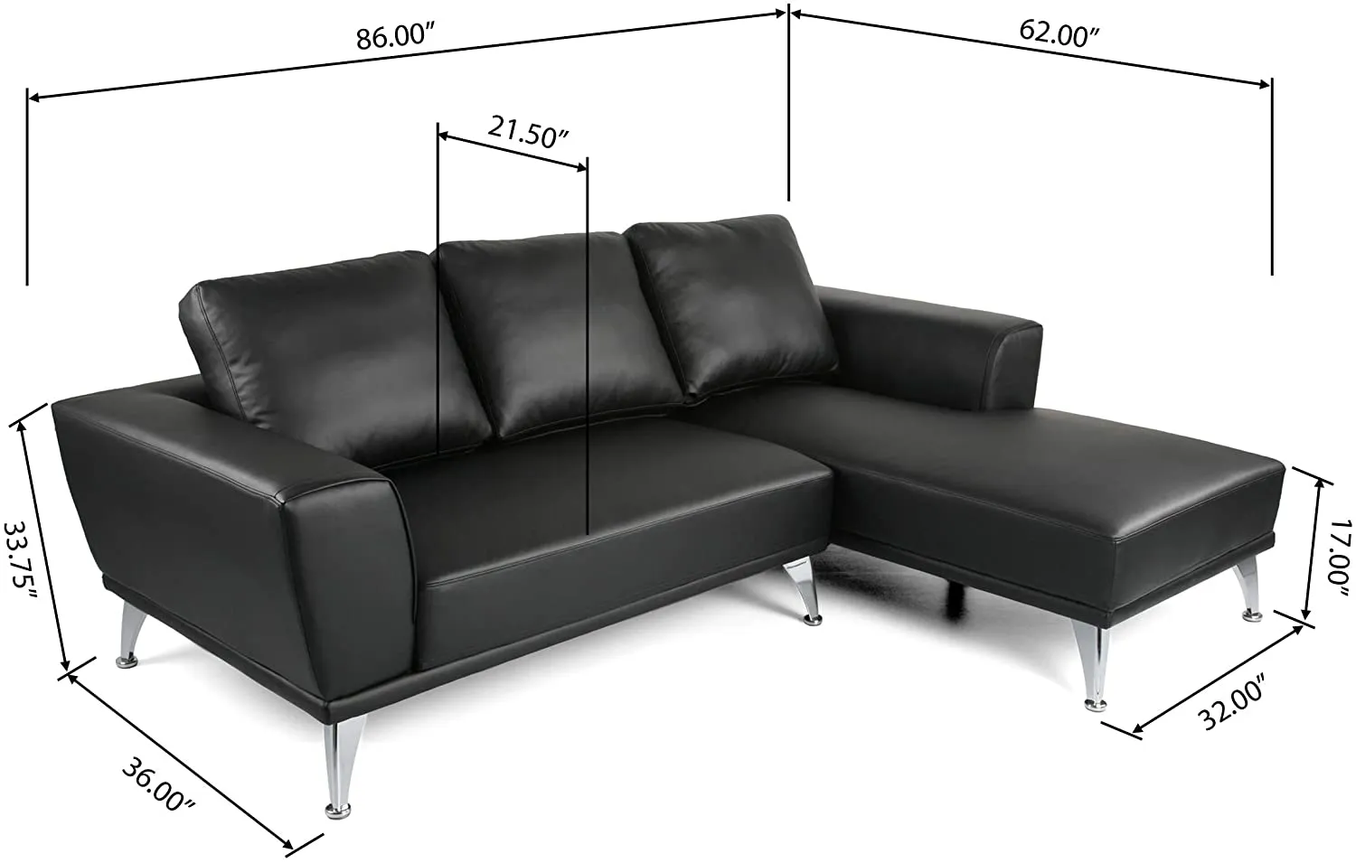 Modern Fabric Chaise Sectional, Black